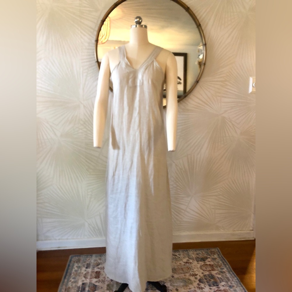 Anna Melani Women’s Sleeveless V-Neck Maxi Dress in Light Beige Linen -NWT